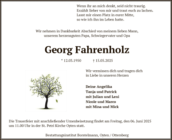 Todesanzeige von Georg Fahrenholz von SYKS