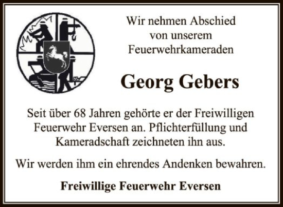 Todesanzeige von Georg Gebers von SYKR