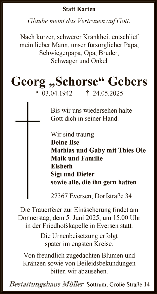 Todesanzeige von Georg Gebers von SYKR