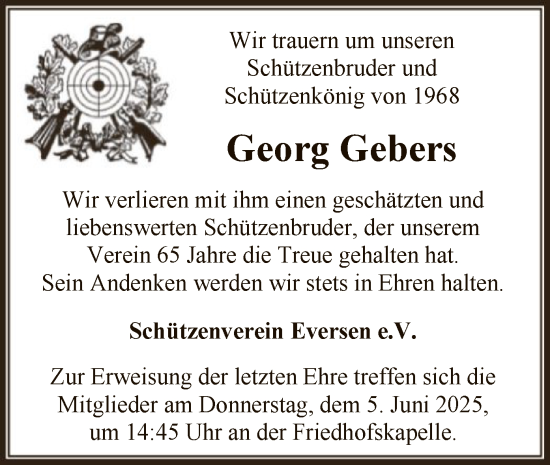 Todesanzeige von Georg Gebers von SYKR