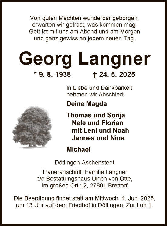 Todesanzeige von Georg Langner von SYWZ