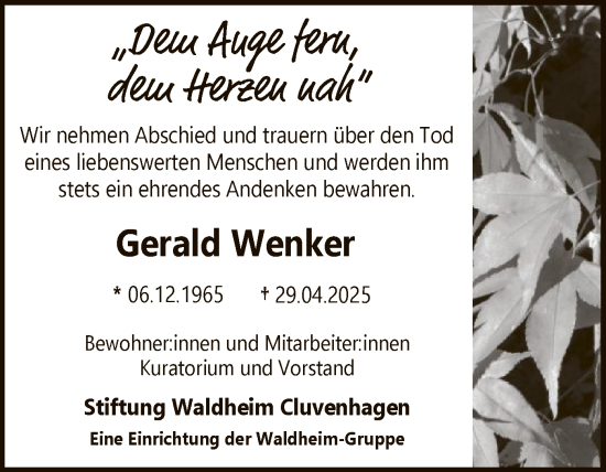 Todesanzeige von Gerald Wenker von SYK