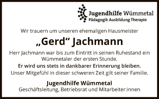 Todesanzeige von Gerd Jachmann von SYKR