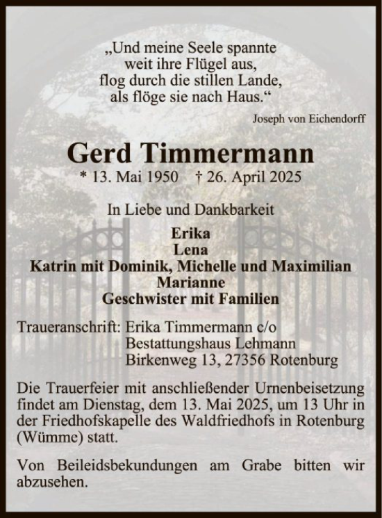 Todesanzeige von Gerd Timmermann von SYK