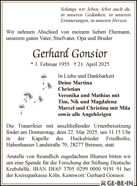 Todesanzeige von Gerhard Gonsior von SYK