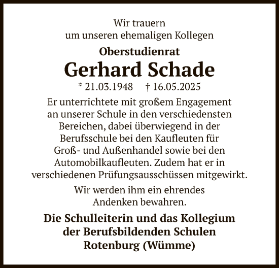 Todesanzeige von Gerhard Schade von SYKR
