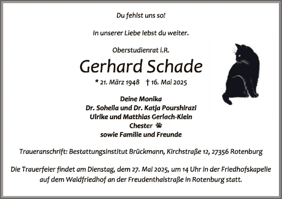 Todesanzeige von Gerhard Schade von SYKR