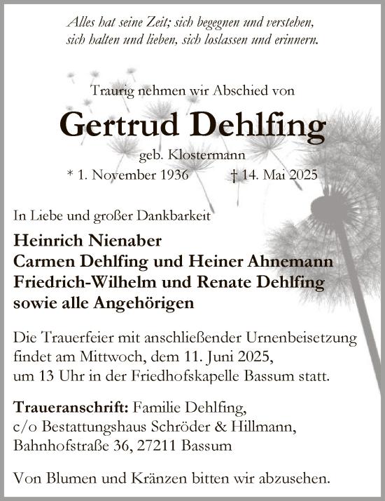 Todesanzeige von Gertrud Dehlfing von SYKS