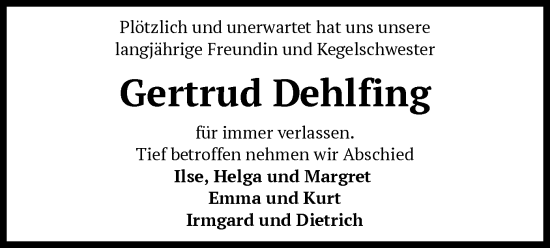 Todesanzeige von Gertrud Dehlfing von SYKS