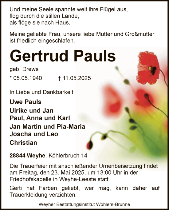 Todesanzeige von Gertrud Pauls Pauls von SYKS