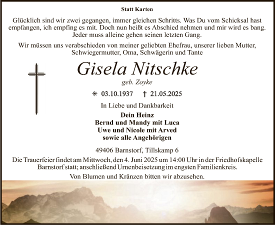 Todesanzeige von Gisela Nitschke von SYKS