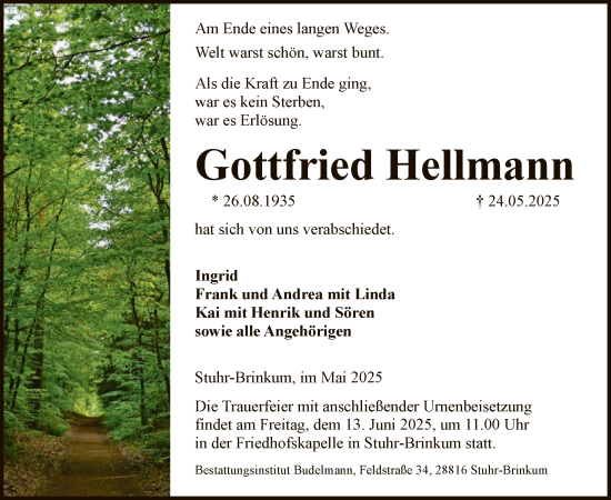 Todesanzeige von Gottfried Hellmann von SYKS