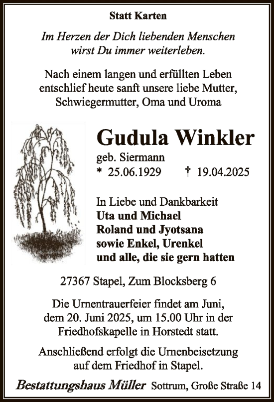 Todesanzeige von Gudula Winkler von SYK