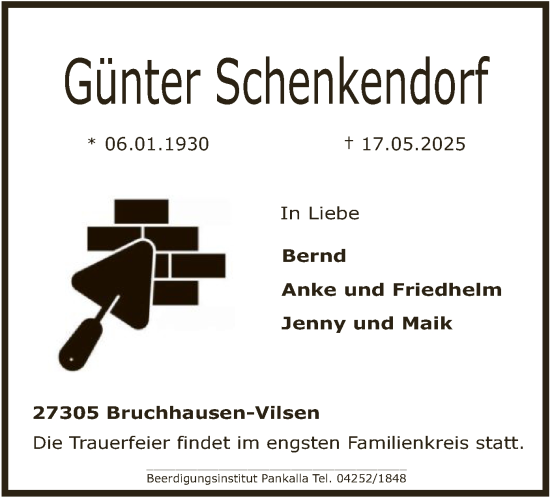 Todesanzeige von Günter Schenkendorf von SYK