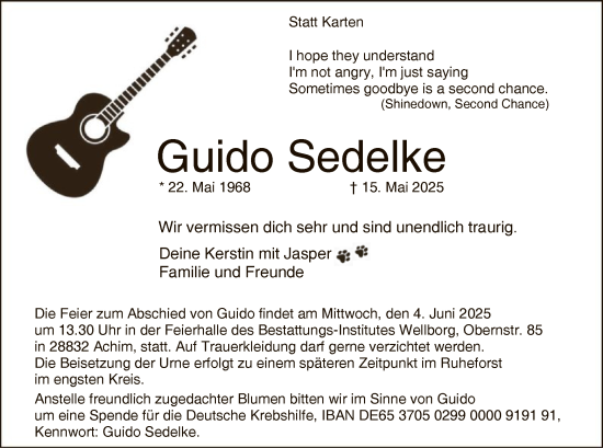 Todesanzeige von Guido Sedelke von SYKS