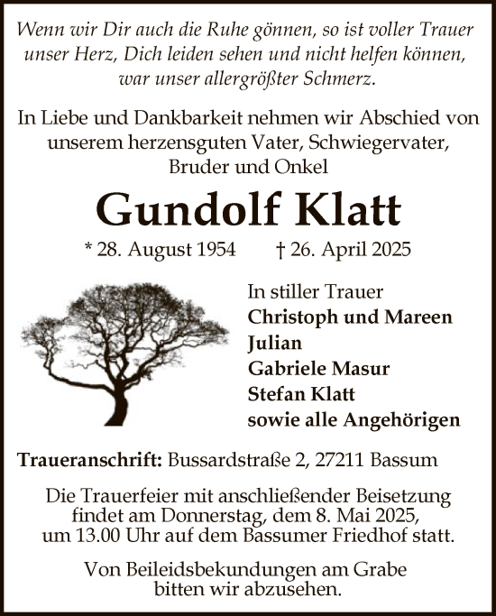 Todesanzeige von Gundolf Klatt von SYK