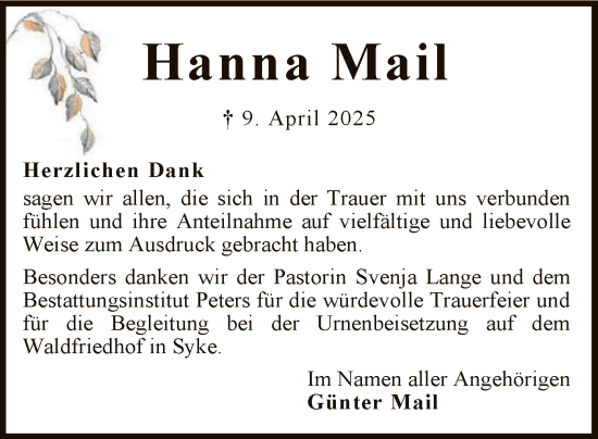 Todesanzeige von Hanna Mail von SYK