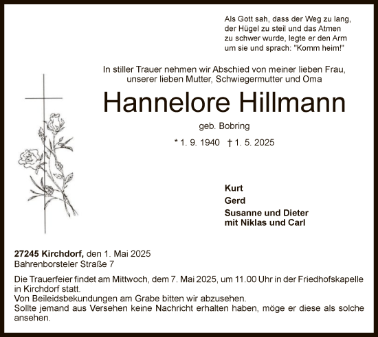 Todesanzeige von Hannelore Hillmann von SYK