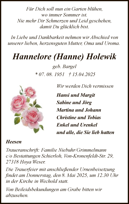 Todesanzeige von Hannelore Holewik von SYK