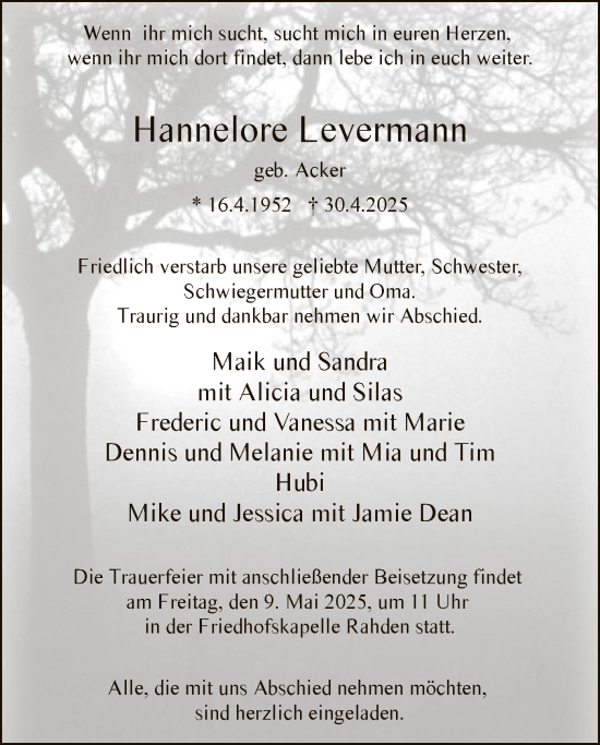 Todesanzeige von Hannelore Levermann von SYK