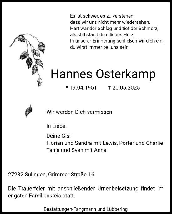 Todesanzeige von Hannes Osterkamp von SYKS