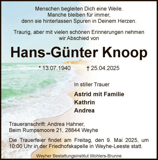 Todesanzeige von Hans-Günter Knoop von SYK