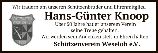 Todesanzeige von Hans-Günter Knoop von SYK