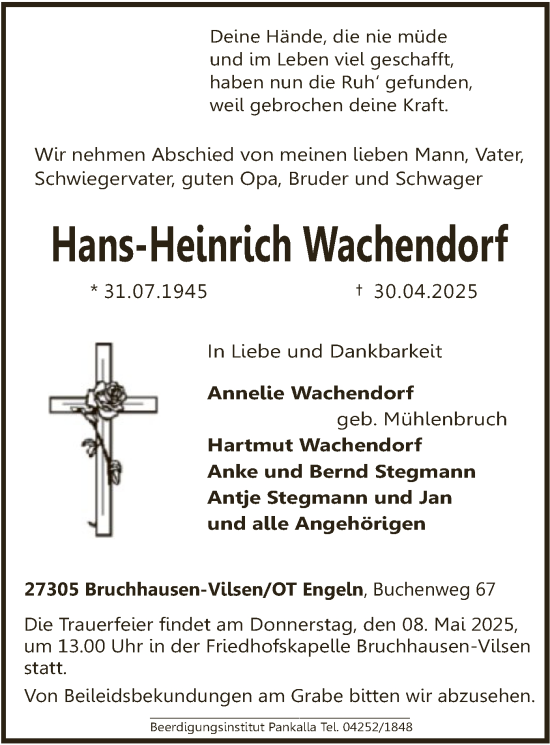 Todesanzeige von Hans-Heinrich Wachendorf von SYK