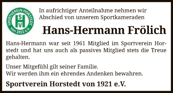 Todesanzeige von Hans-Hermann Frölich von SYK