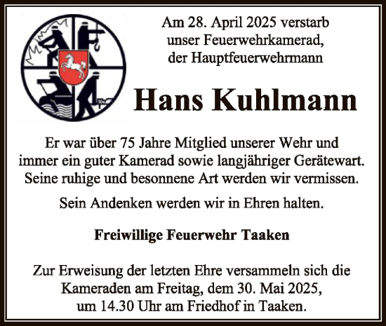 Todesanzeige von Hans Kuhlmann von SYK