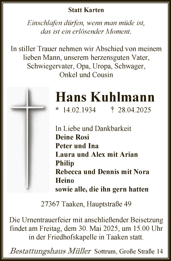 Todesanzeige von Hans Kuhlmann von SYK