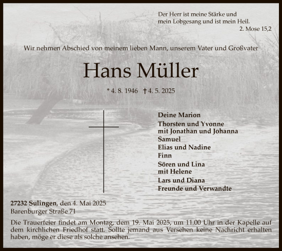 Todesanzeige von Hans Müller von SYK