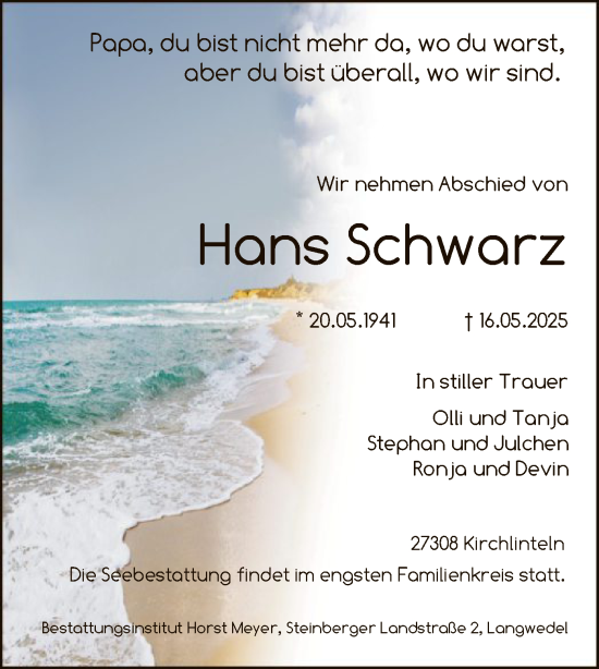 Todesanzeige von Hans Schwarz von SYKS