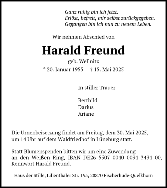 Todesanzeige von Harald Freund von SYKR