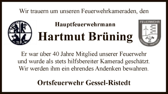 Todesanzeige von Hartmut Brüning von SYKS