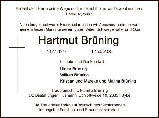 Todesanzeige von Hartmut Brüning von SYK