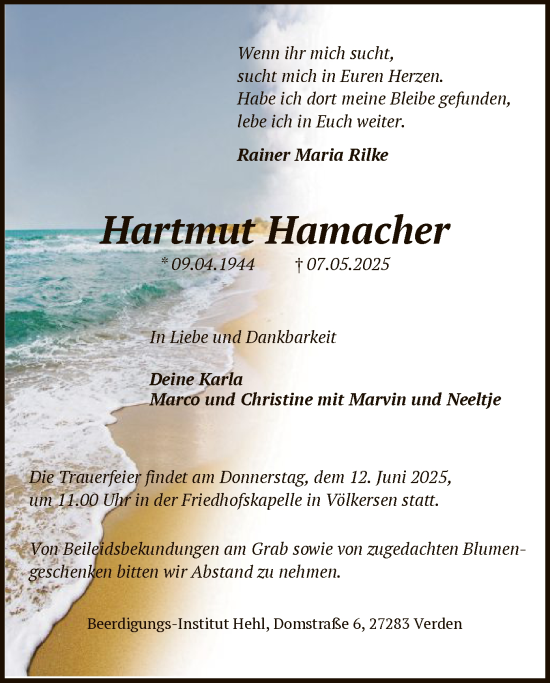 Todesanzeige von Hartmut Hamacher von SYKS