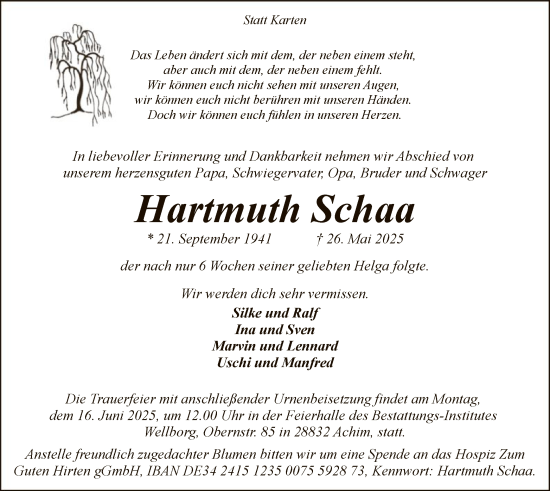 Todesanzeige von Hartmuth Schaa von SYKS