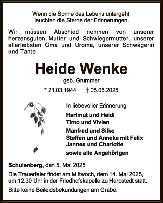 Todesanzeige von Heide Wenke von SYKSYK