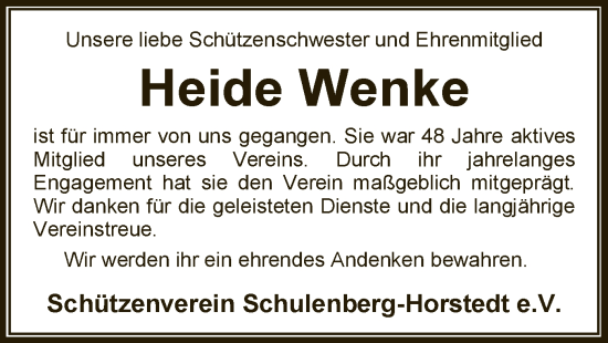 Todesanzeige von Heide Wenke von SYKSYK