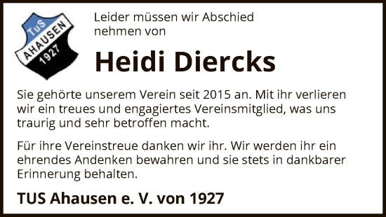 Todesanzeige von Heidi Diercks von SYK