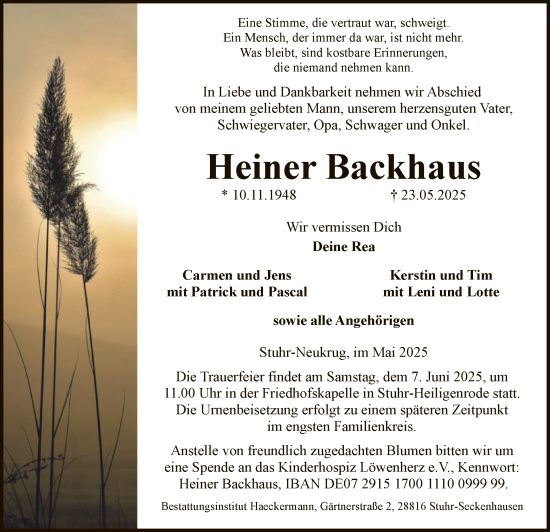 Todesanzeige von Heiner Backhaus von SYKS