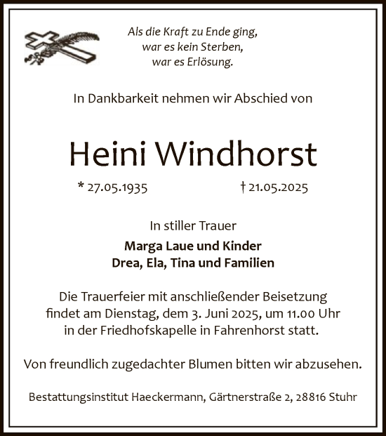 Todesanzeige von Heini Windhorst von SYKS