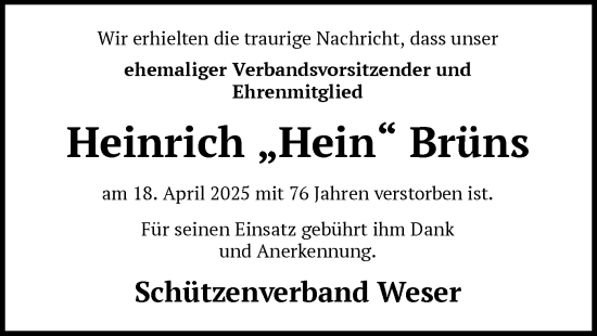 Todesanzeige von Heinrich Brüns von SYK