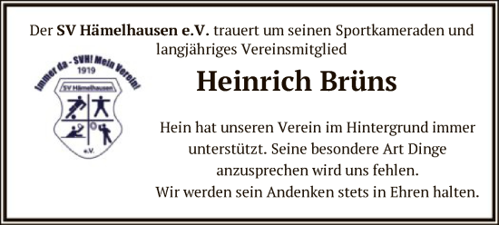 Todesanzeige von Heinrich Brüns von SYK