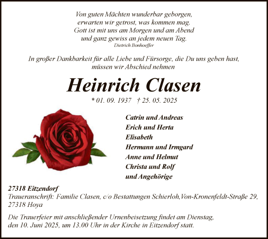 Todesanzeige von Heinrich Clasen von SYKSSYKS