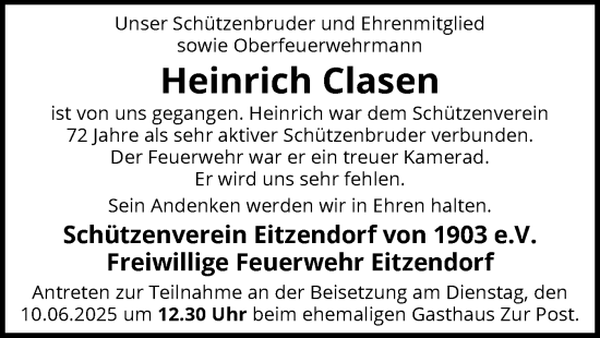 Todesanzeige von Heinrich Clasen von SYKS