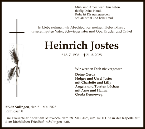 Todesanzeige von Heinrich Jostes von SYKS