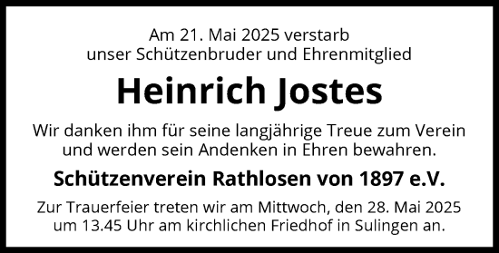 Todesanzeige von Heinrich Jostes von SYKS