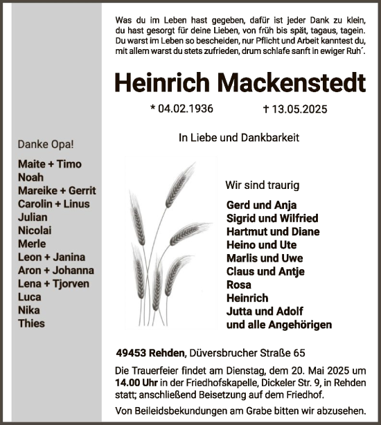 Todesanzeige von Heinrich Mackenstedt von SYK